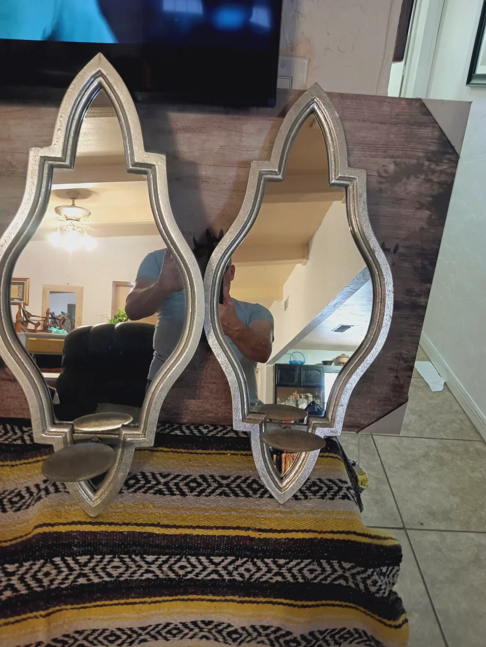 Decorative Silver Wall Mirrors with Candle Holders - Set of 2